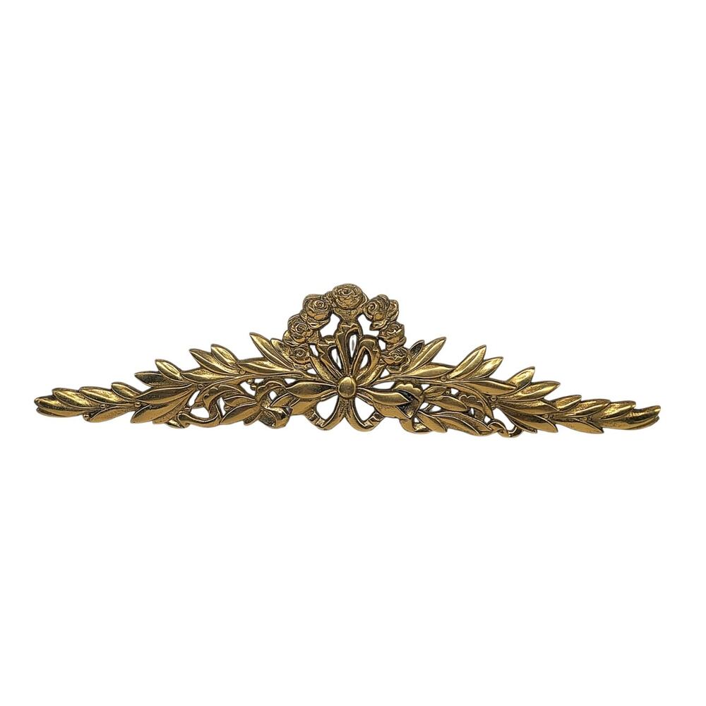 Vtg Ornate Solid Brass Wall Pediment 15” Ribbon Floral French Country Hong Kong